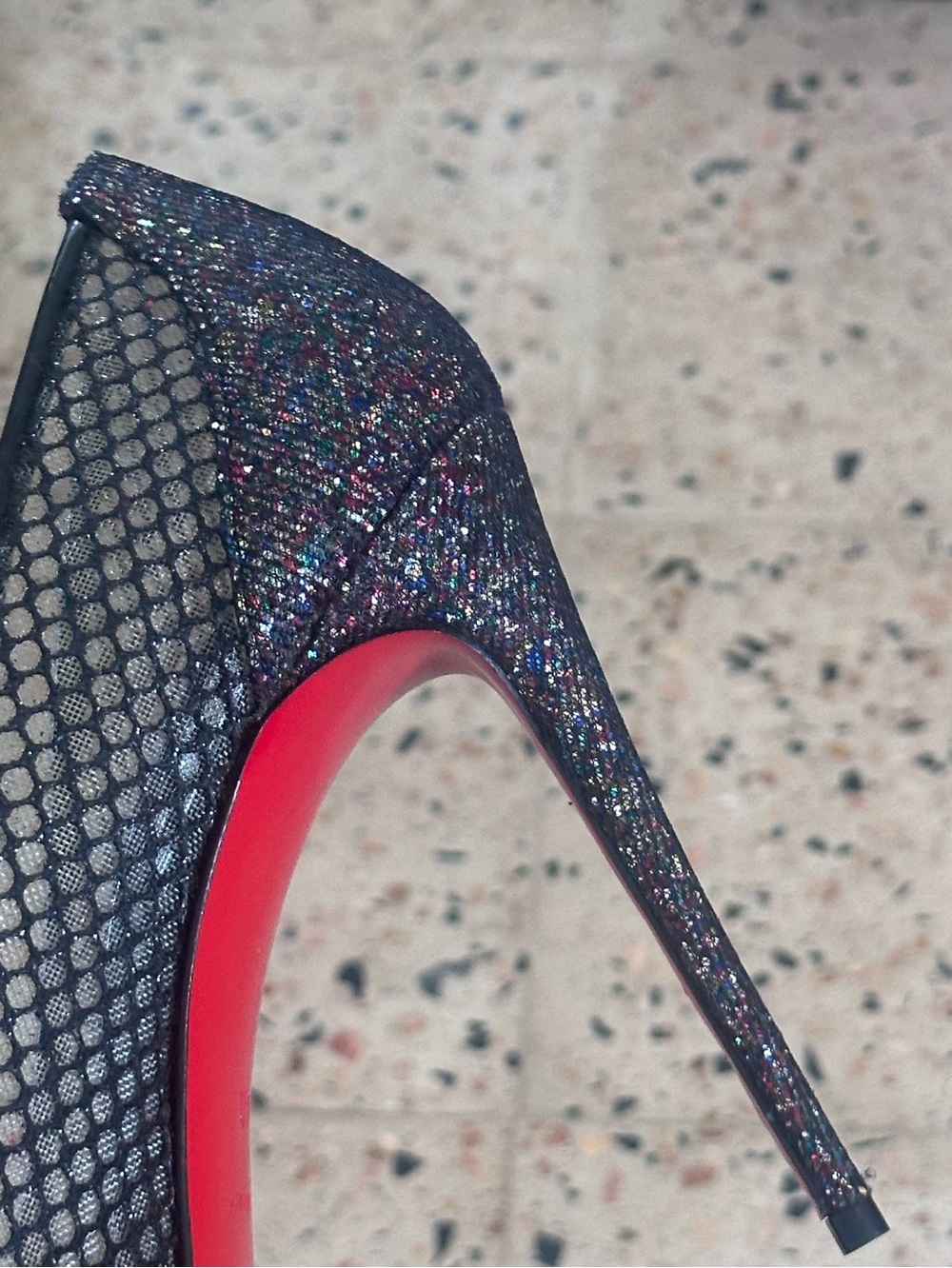 Christian Louboutin Black Glitter Mesh Pumps with Red Soles - Picture 7 of 9